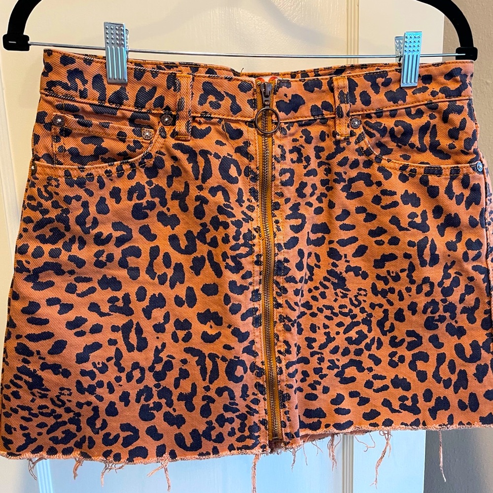Free People Burnt Orange Leopard Denim Skirt